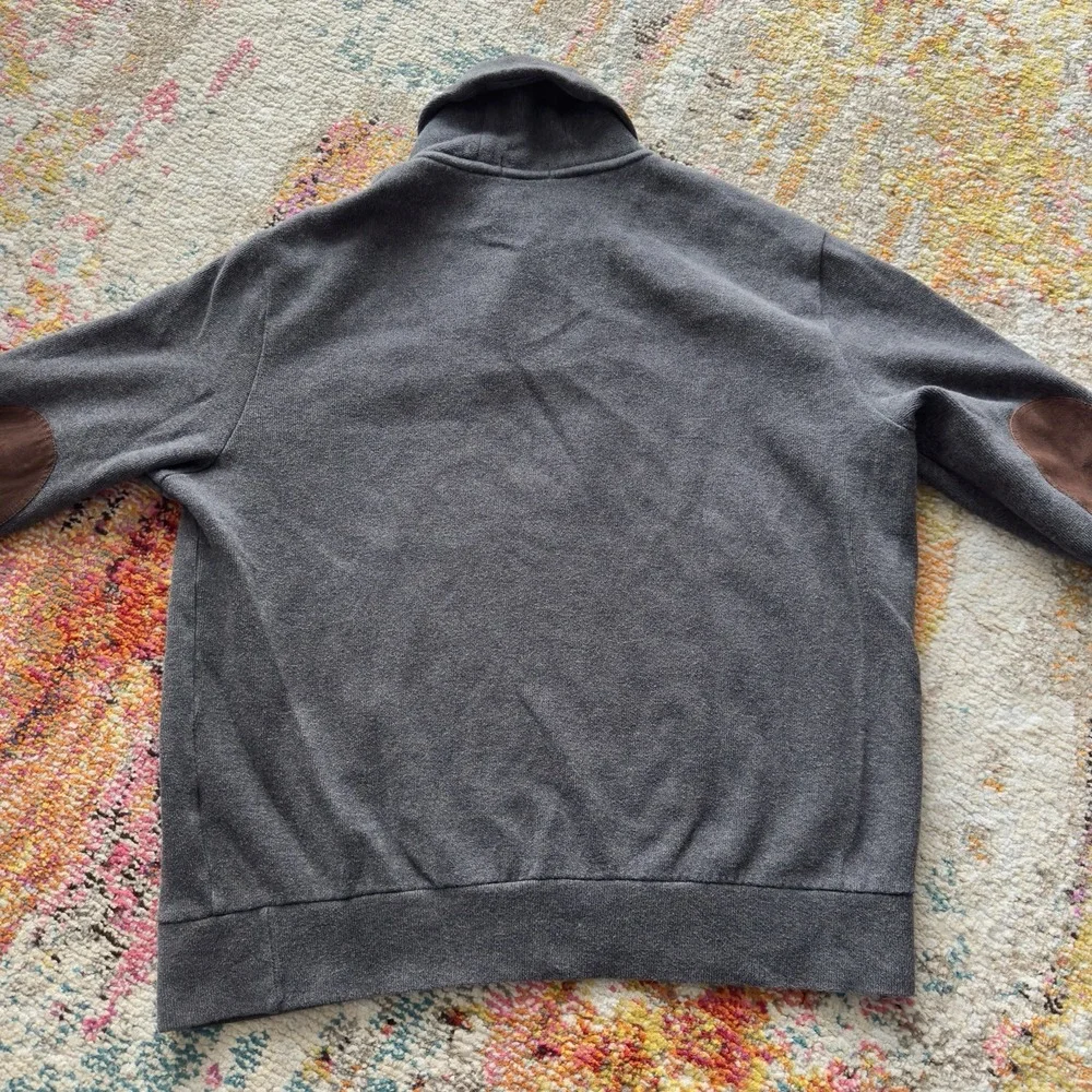 Men Polo Ralph Lauren Pony Shawl Collar Pullover Elbow Patch Sweater XL Gray Vtg